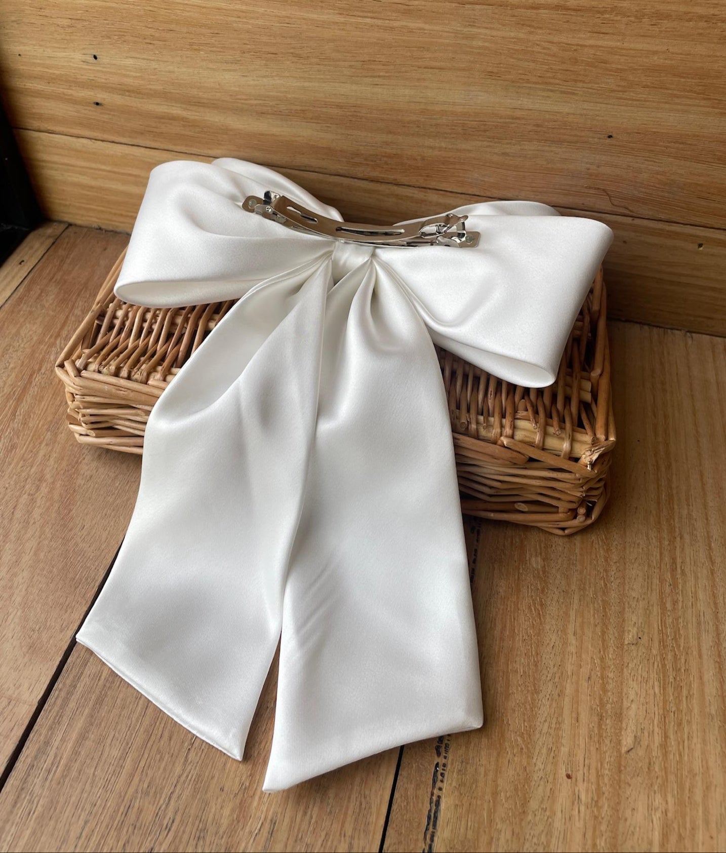 White Satin Ribbon Bow Clip